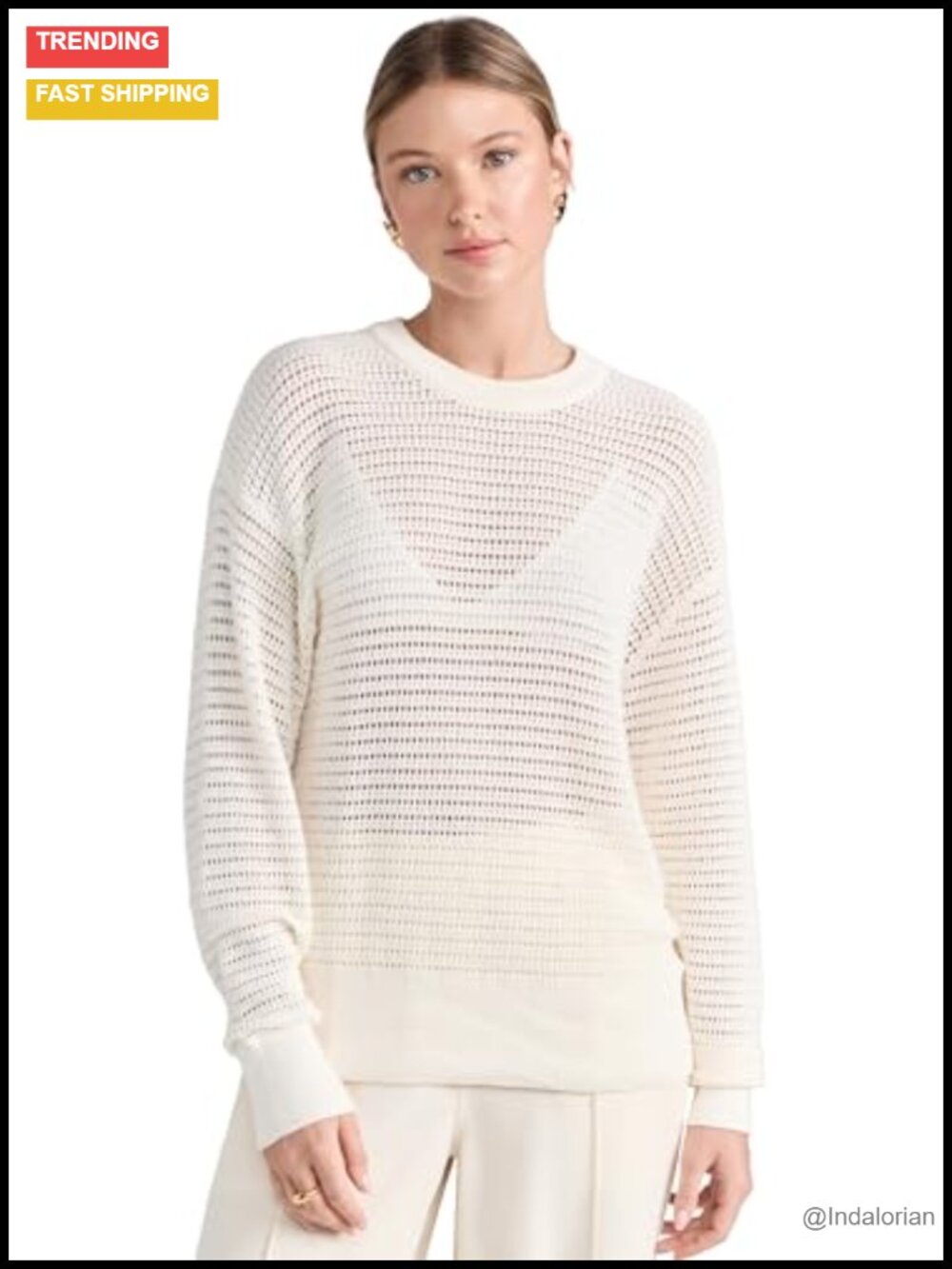 Lightweight Open Knit Long Sleeve Sweatshirt Ribbed Trim